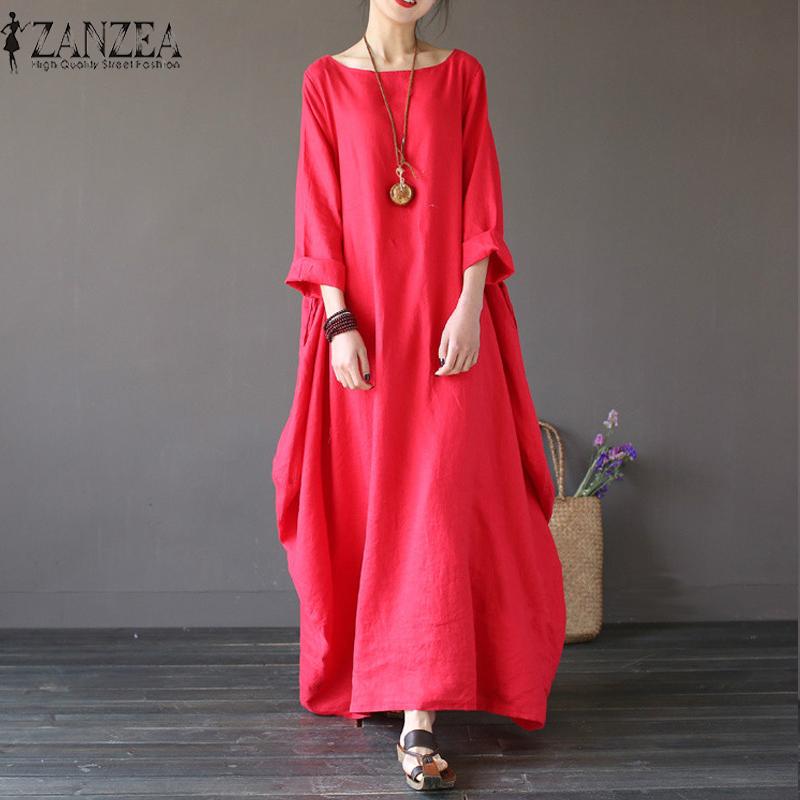 Zanzea Wanita Crewneck 3/4 Batwing Lengan Longgar Besar Panjang Baju Kemeja Kasual Partai Kaftan Polos Jubah Vestido Plus Ukuran (merah) -Internasional