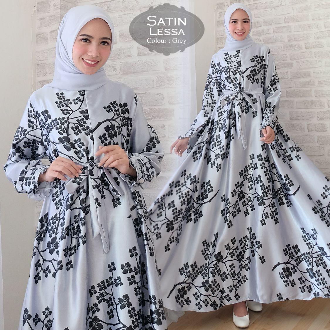 BAJU MUSLIMAH / GAMIS SATIN LESSA WARNA GREY ( TANPA PASMINA)