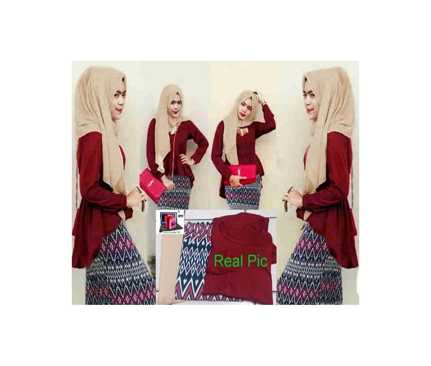 Hijab Maroon Peplum Tribal Set 3in1 BEST MODEL