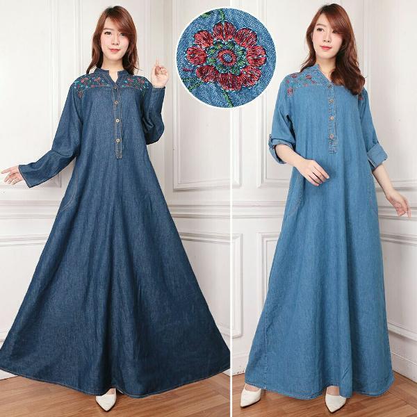 Promo Hari Ini So Lavina Maxi Dress Terusan Gamis Syari Jeans Wash Bordir XXL Big Size Jumbo Busui
