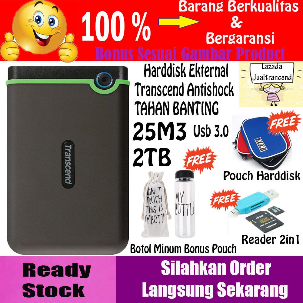 Transcend StoreJet 25M3 2 TB : HD / Hardisk External Antishock USB 3.0 - Militery Green -GRATIS Pouch Hdd + Reader 2IN 1 + Botol Minum