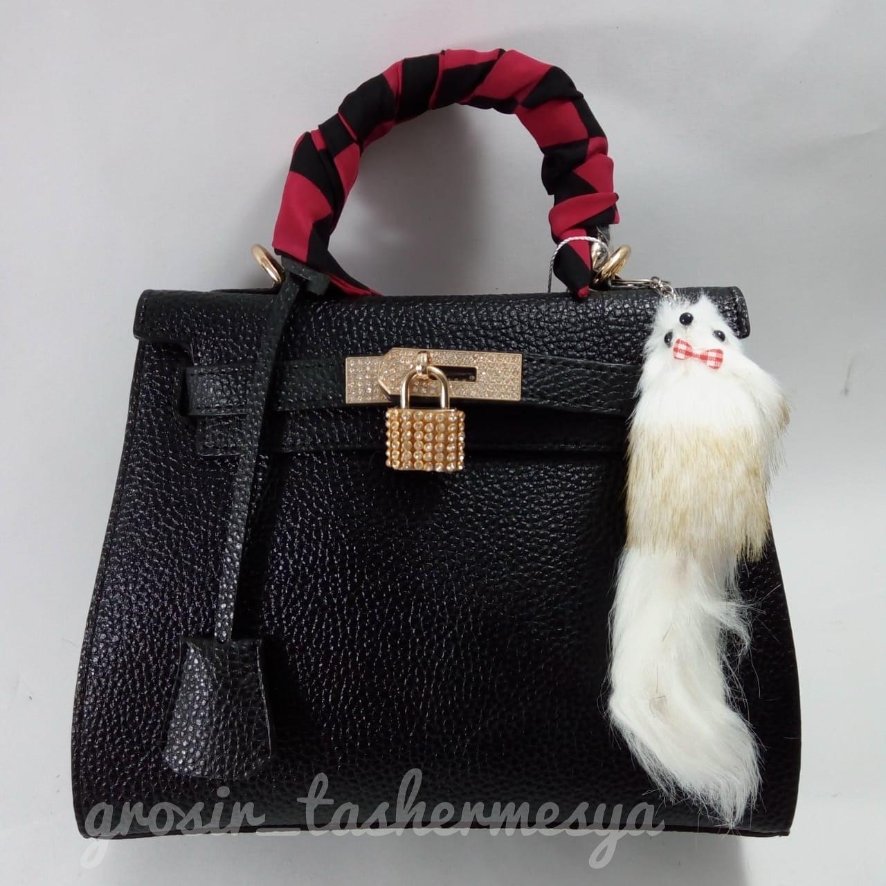 tas fashion SELEMPANG wanita import hermes kelly togo kulit jeruk gantungan bulu random dipadukan baju pesta kebaya modern casual