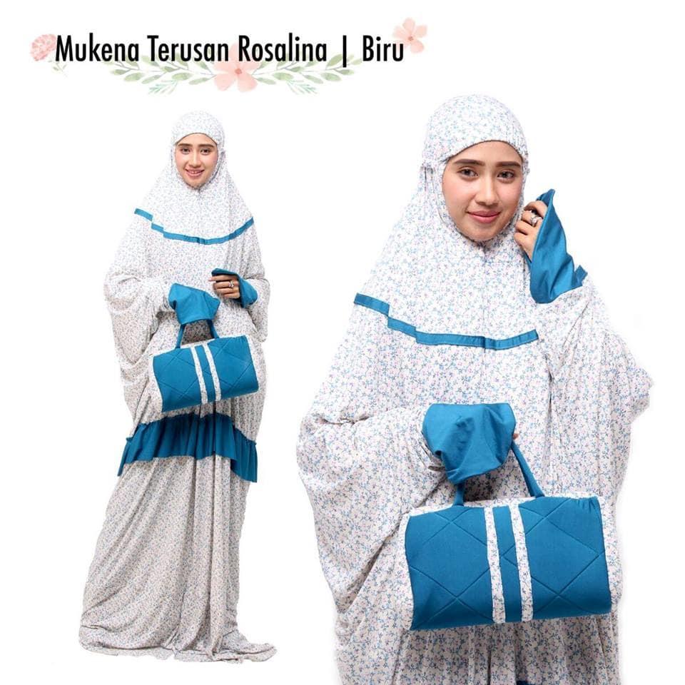 TERLARIS!!! MUKENA DEWASA SPANDEK TERUSAN ROSALINA BIRU mukena mewah / mukena dewasa / mukena tatuis / mukena anak / mukena bali / mukena katun jepang