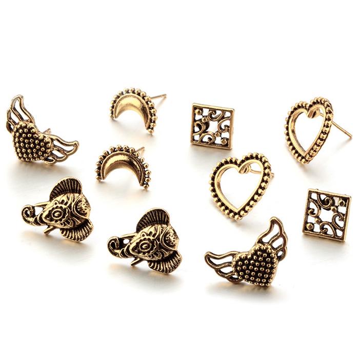Anting Fashion Bohemian Love wings elephant moon fashion suits earrings 5 pairs - DES049