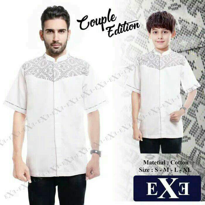 Kemeja / Baju Koko Muslim Couple Ayah Anak eXe - Putih Kombinasi Batik - Putih
