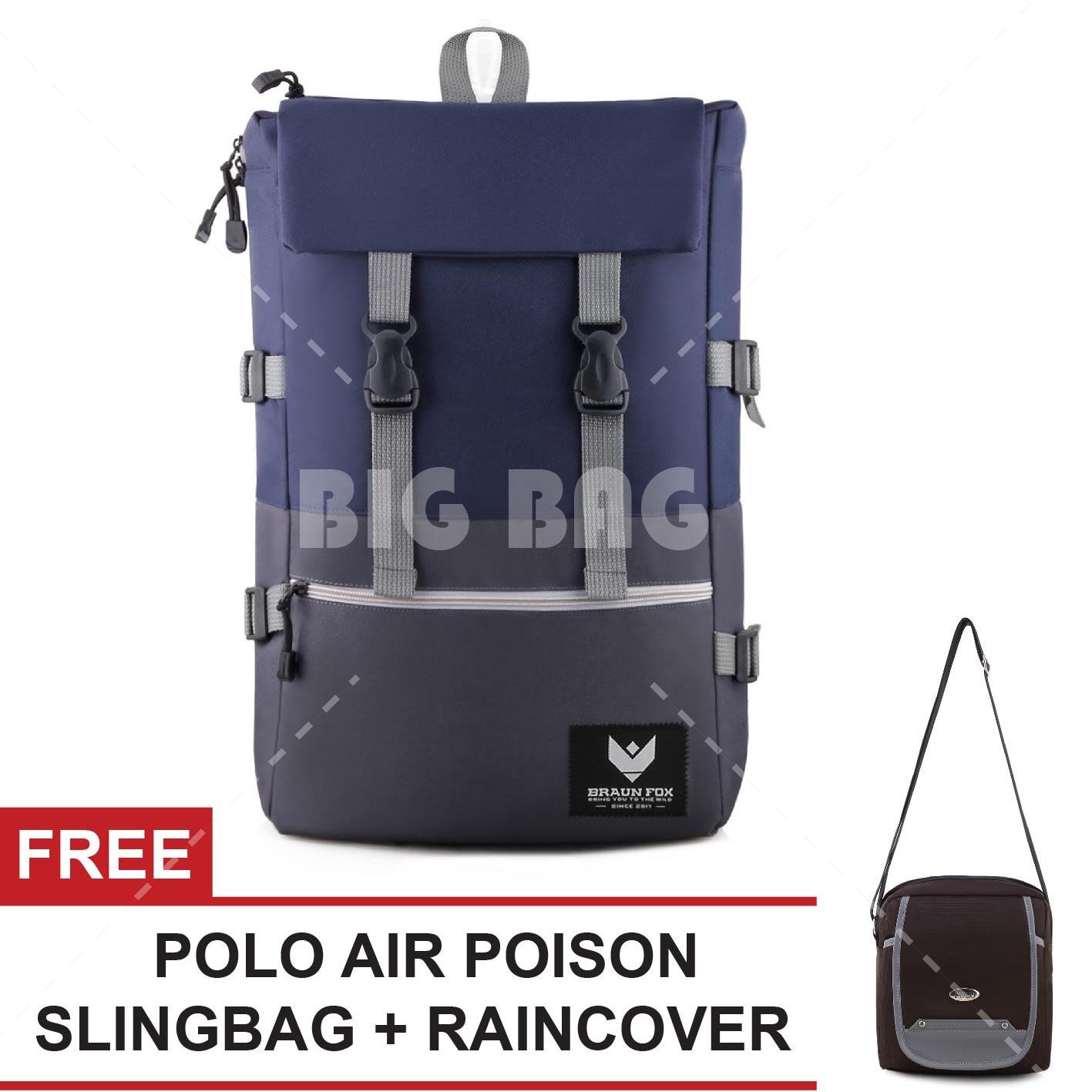 Tas Ransel Pria / Wanita Korea Braun Fox - Altero 0.01 Dailypack Outdoor Laptop Backpack - Blue + Raincover + FREE Tas Selempang Polo USA - Air Poison Slingbag Tas Sekolah Tas Slempang Korea Style Import Remaja Canvas Unisex Bodypack Fila Anello Terlaris