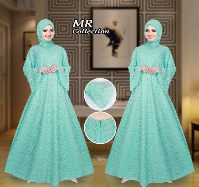 BAJU BUSANA MUSLIM GAMIS HAFSYAH SYARI HIJAU JUMBO BRUKAT NO PASMINA .