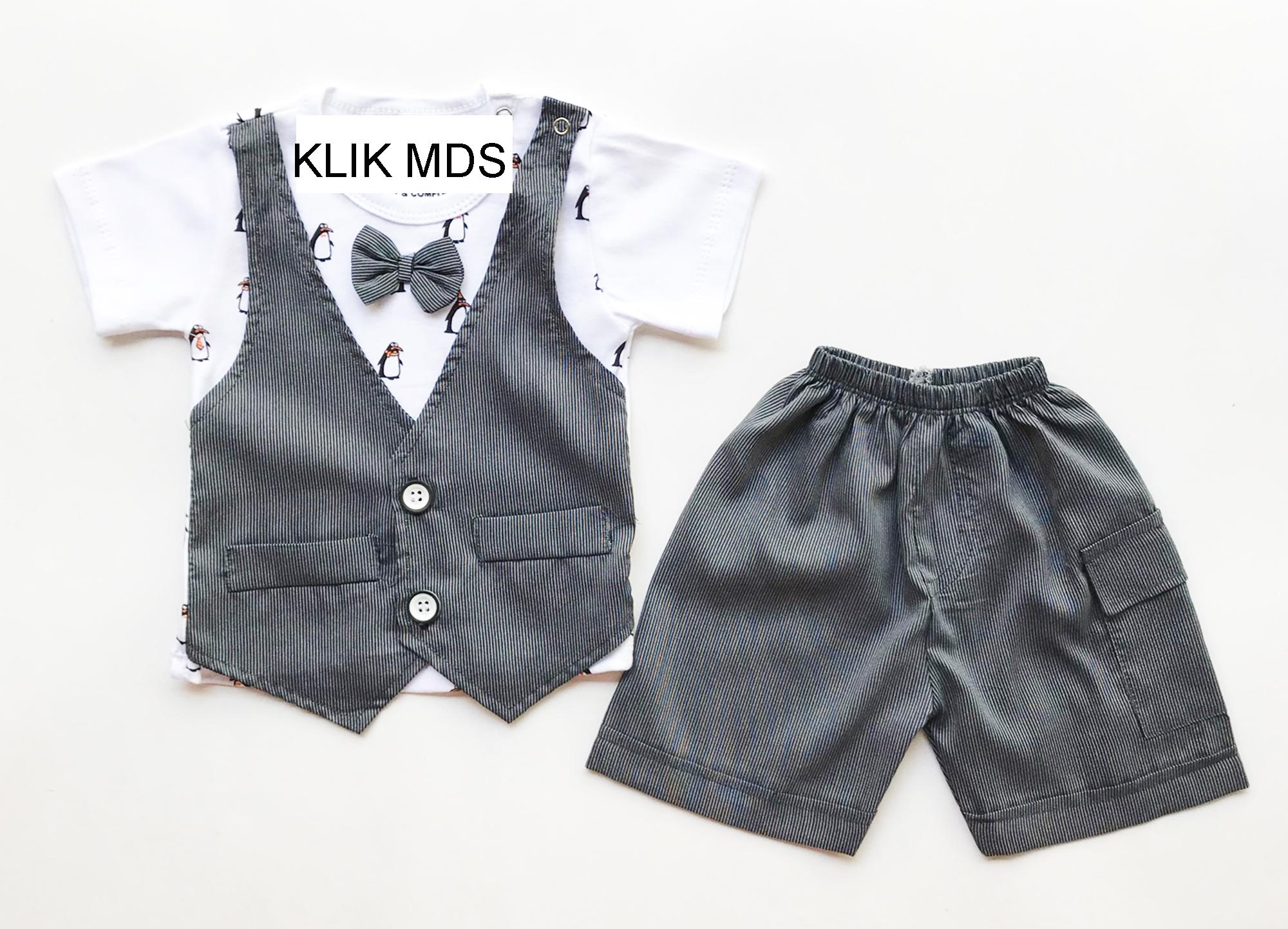 Baju Setelan Anak Bayi Lelaki Motif Penguin Rompi Salur dan Celana Motif Salur Dengan Dasi Kupu-Kupu