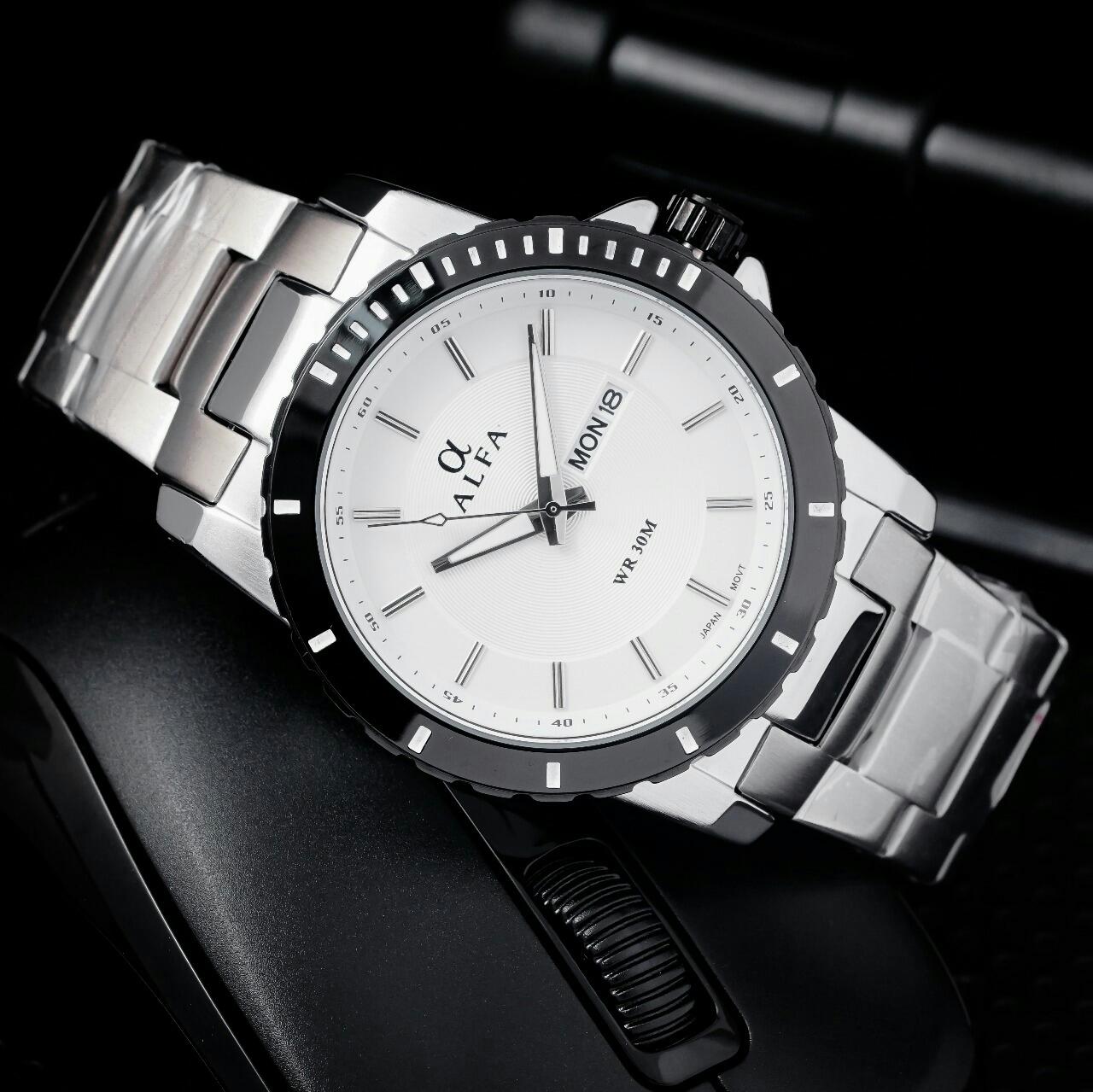 JAM TANGAN PRIA ORIGINAL ALFA STRAP RANTAI ANTI AIR FREE BOX + BATERAI CADANGAN