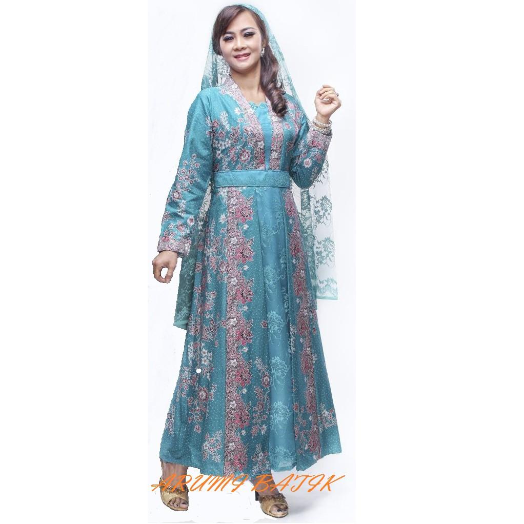 Baju Muslim Syari Gamis Long Maxi Dress Batik 1518 Tosca (gamis L)