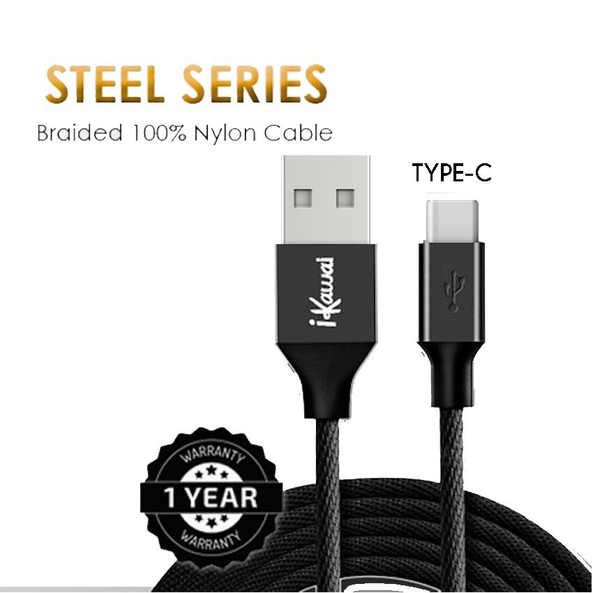 Ikawai 100cm Steel Series Type-C Premium Braided Nylon Kabel Data & Charge Cable Tipe C
