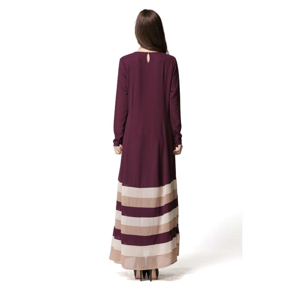 Santai Rainbow Pola Garis Lengan Panjang Wanita Islam Gaun Panjang Gamis Muslim L