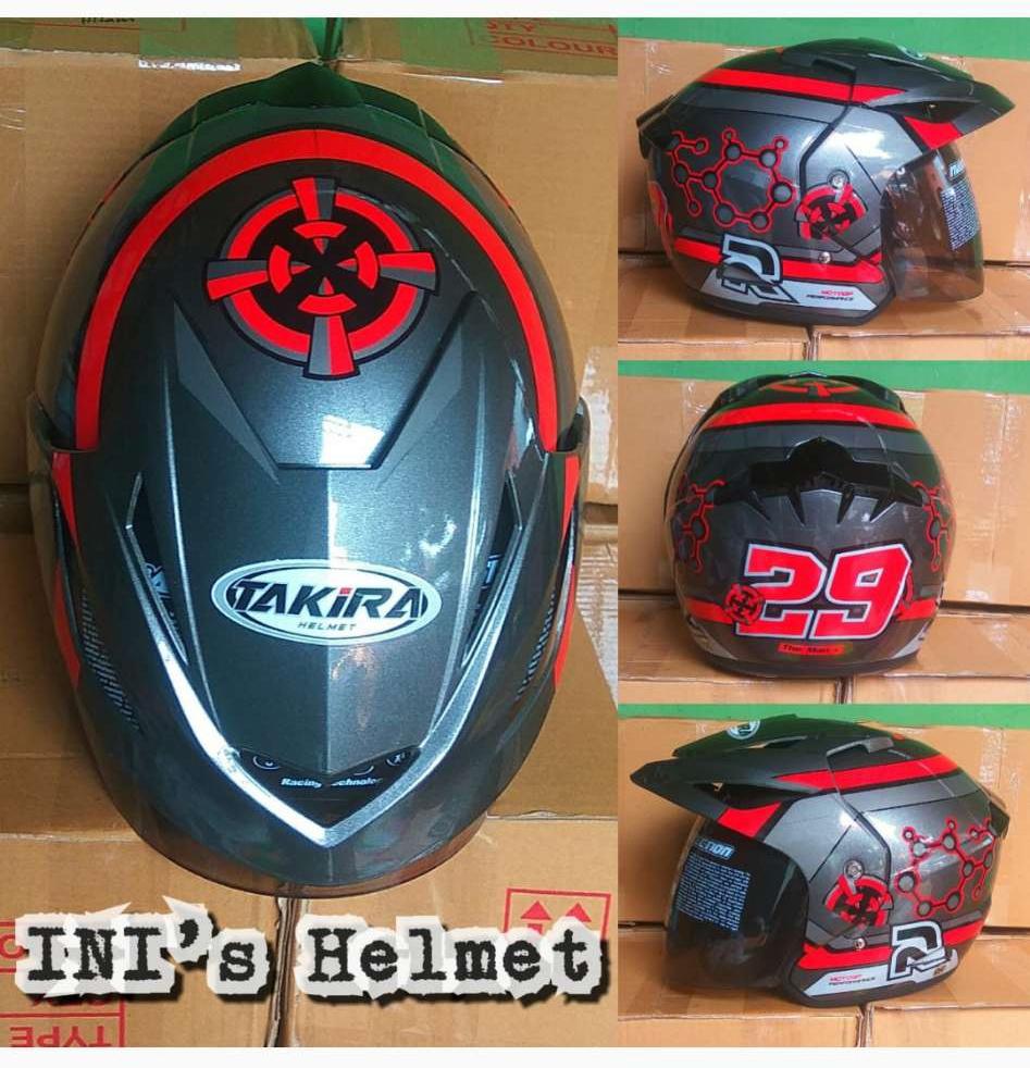 HOT PROMO ! Helm ARL Pet Dewasa (No Double Visor) Murah Motif Takira List Merah Gun Metalic - SNI - INIs Mart Jakarta