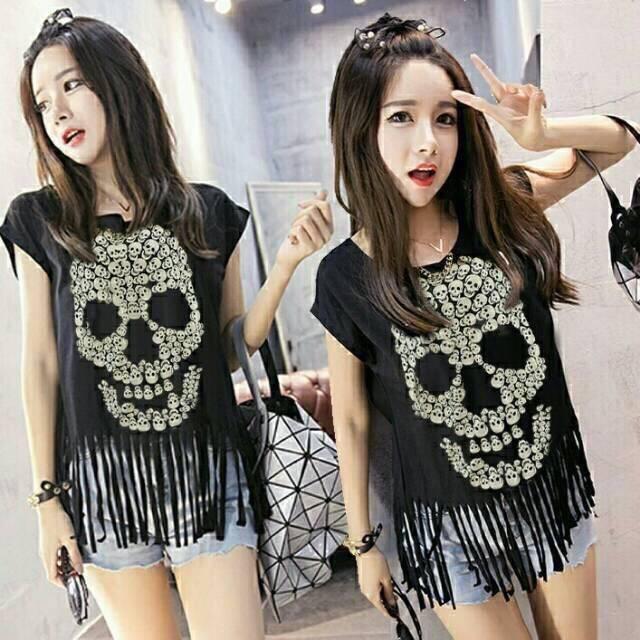 sumber fashion jakarta - baju Top SKULL RUMBAI wanita 2warna - tanah abang konveksi
