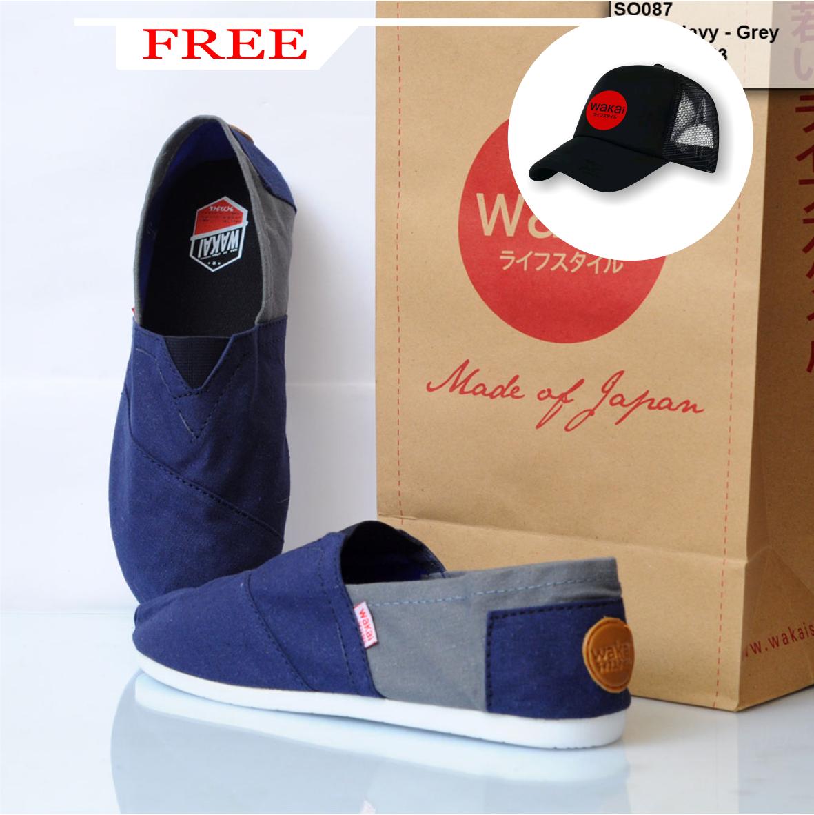 Sepatu Wakai Slip On / Pria & Wanita / Full Navy - Abu
