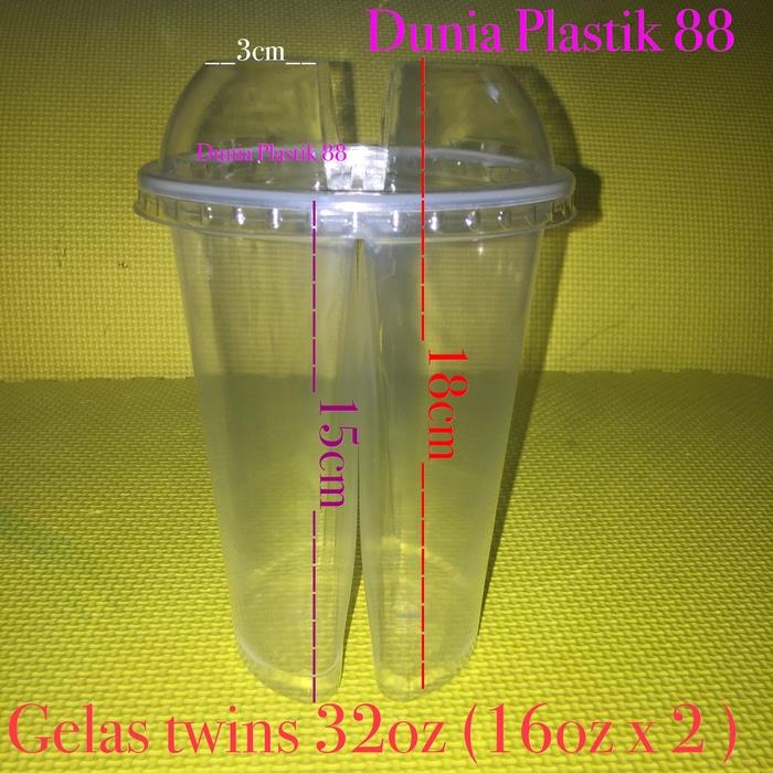 BEST SELLER!!! GELAS plastik unik kembar TWIN twins CUP 32oz 2 rasa minuman +TUTUP - Gf3XIX