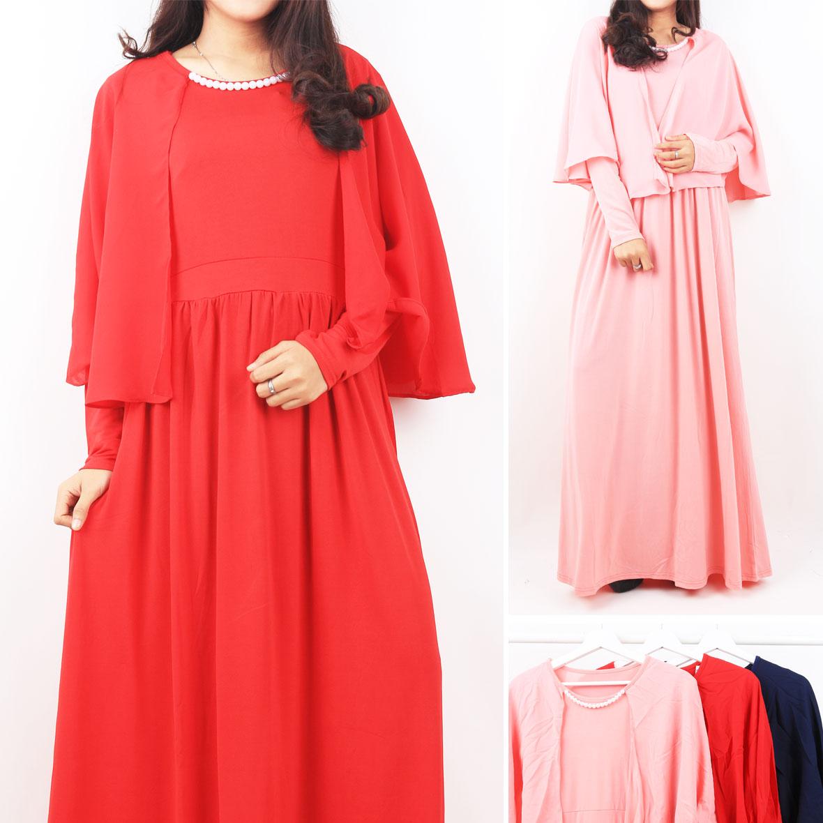Oma Holley Fashion Clarinta Baju Muslim Maxi Dress Model Cardingan Kalung Mutiara - Size M