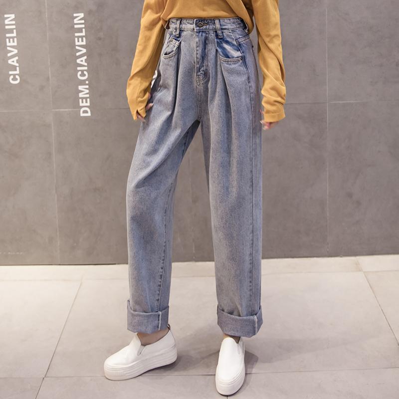 BF Jeans Musim Semi atau Musim Gugur, Pinggang Tinggi Celana Lurus Kasual Hitam (Berkualitas Tinggi Kain Biru)