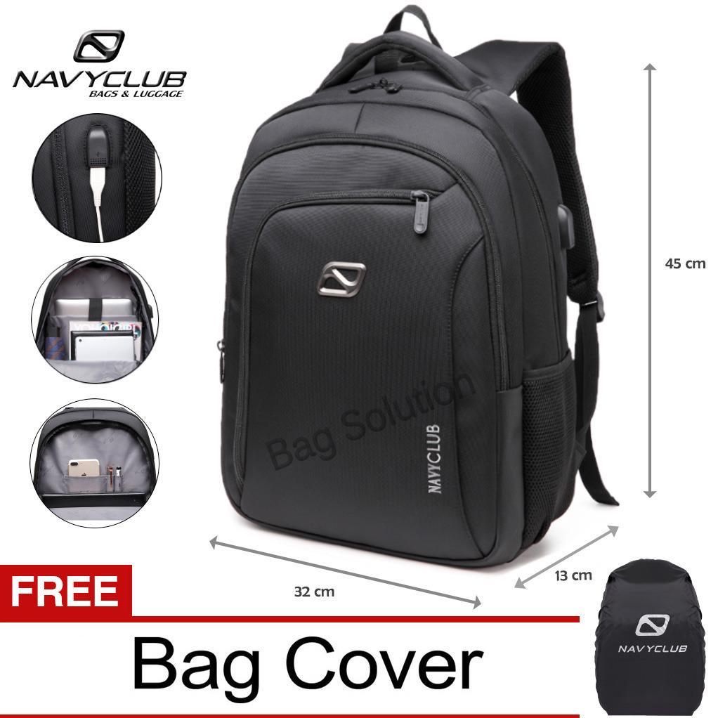 Navy Club Tas Ransel Laptop - Tas Pria Tas Wanita Tas Punggung - Backpack built in USB Charger Up to 15 inch Anti Air 62062 - Black Bonus Cover Tas