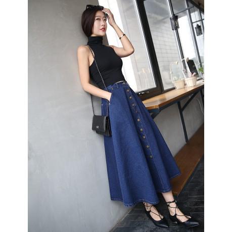 Rok Panjang Korea Wanita Bahan Jeans Denim High Waist dengan Aksen Kancing untuk Musim Panas (L)