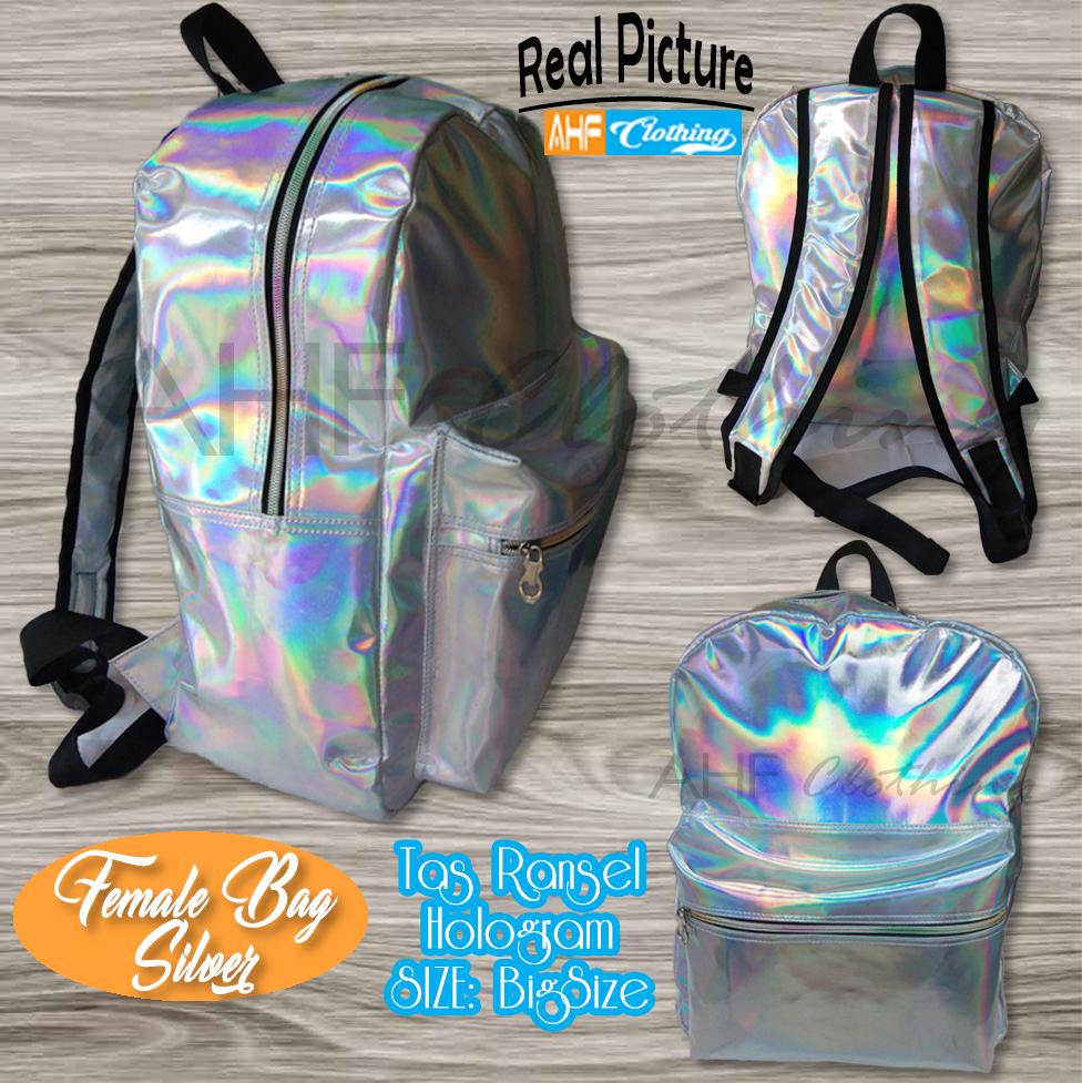 Tas Ransel Travel Santai Sekolah Cewek Keren Warna Perak Laser Hologram