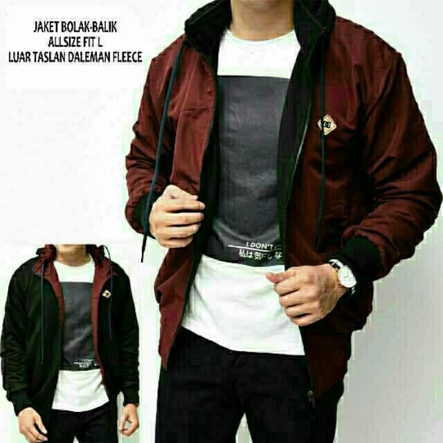 Jaket parasut bolak balik pria maroon-hitam