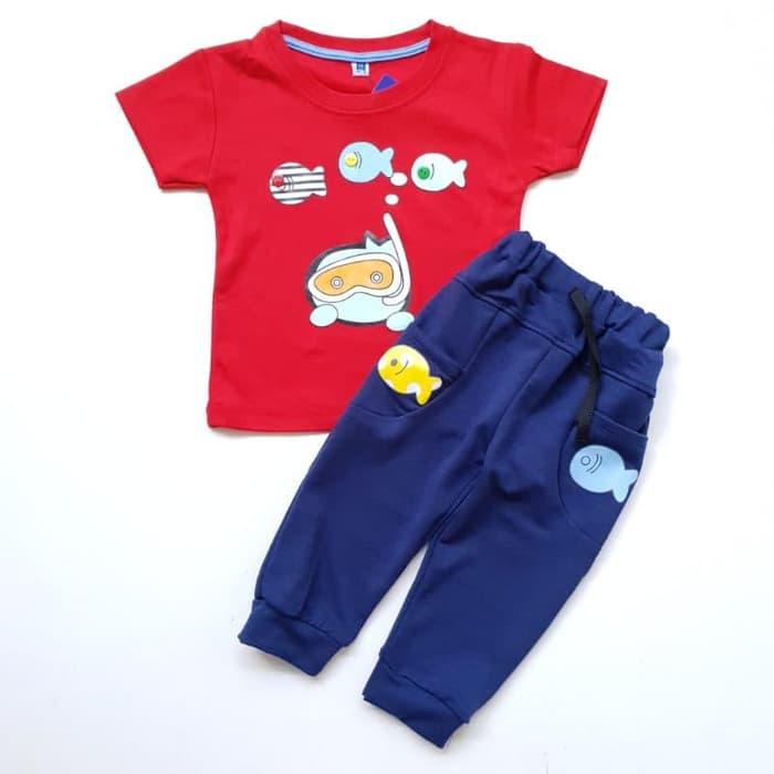 Baju Setelan Anak Bayi Laki Cowok Kaos Ikan Fish Celana Joger Navy
