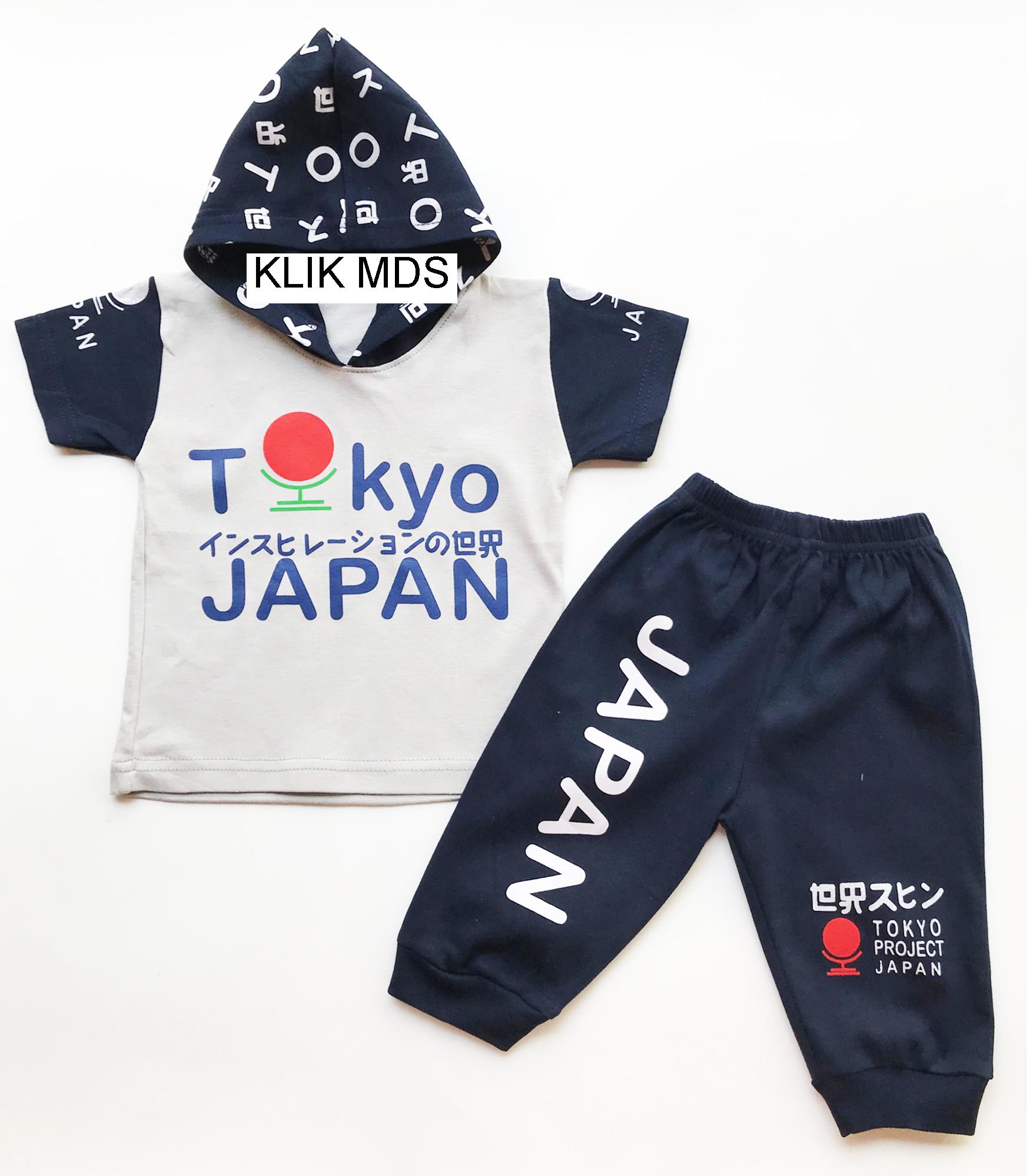 Klik Mds Baju Anak Lelaki Setelan Atasan Topi Hoodie dan Celana Motif Tokyo Japan