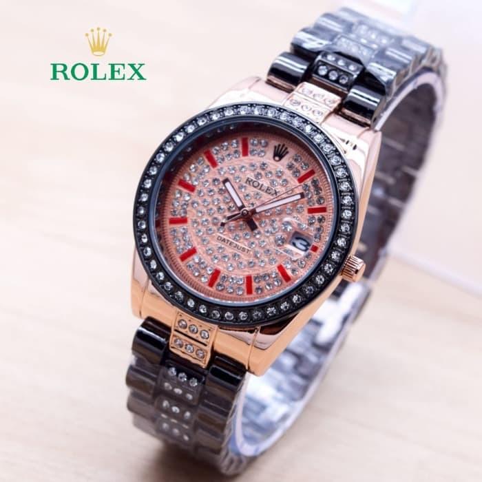Jam Tangan Wanita / Cewek Rolex Balok Rantai Black Rose Plat Rose