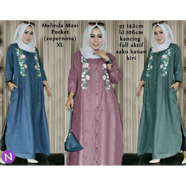 Promo Hari Ini Cn 7236 Melinda Maxi Pocket Katun Dress Terusan Gamis Syari XL Big Size Jumbo Biru