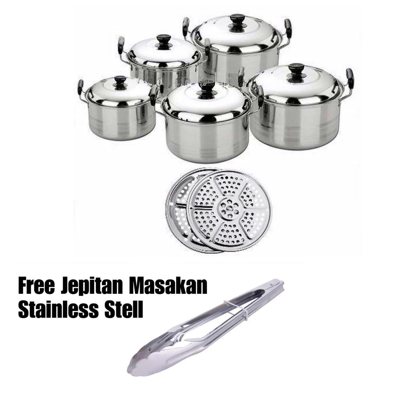 Kingko America High Pots Panci Set 5 in 1 + Kukusan -Steamer - Langseng BONUS Jepitan Stainless Steel