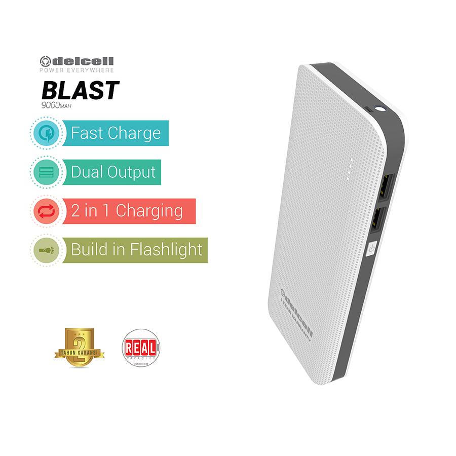 Delcell 9000mAh Powerbank BLAST Real Capacity Fast Charging Dual Output Garansi Resmi 1 Tahun Power Bank Murah Berkualitas - Putih
