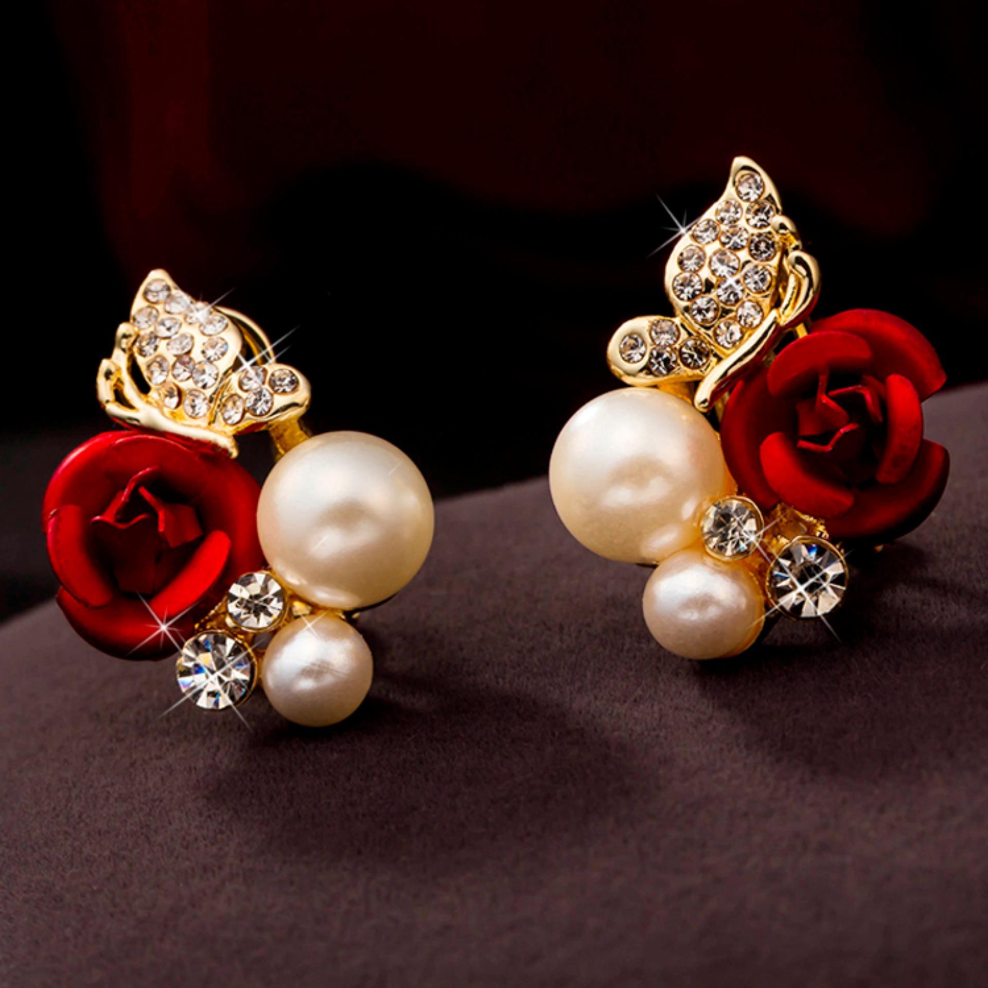 Fang Fang Bunga Mutiara Emas Berlapis Crystal Stud Earring (Merah)