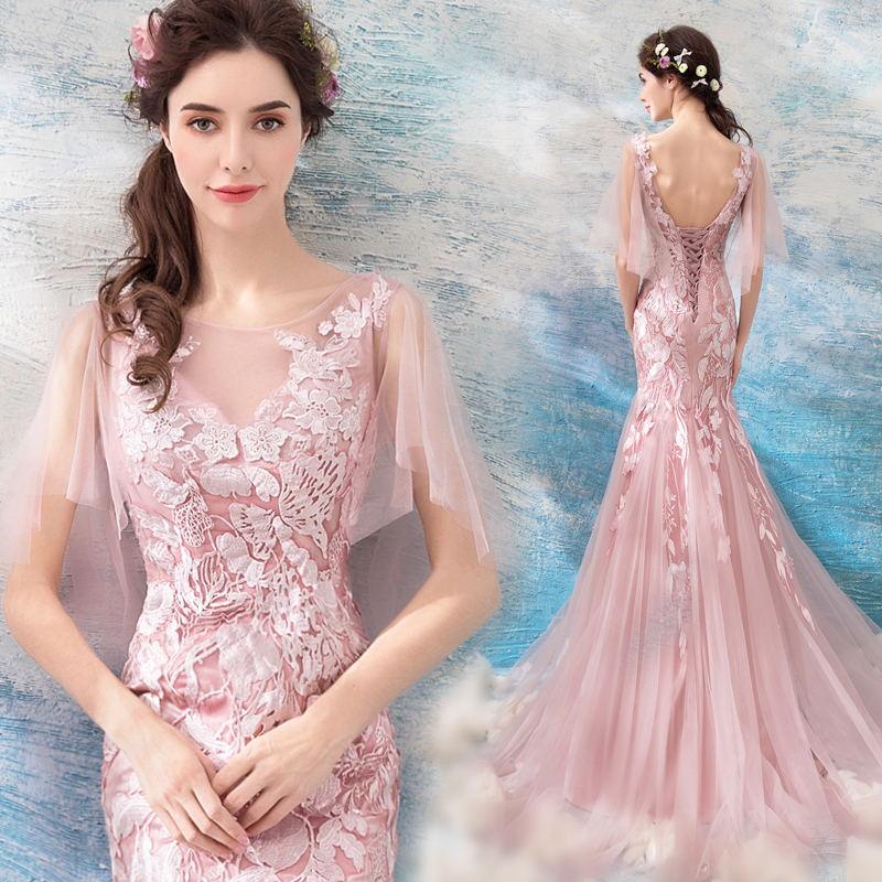 Gaun Seksi Lembut Merah Muda Gaun Pengantin Mermaid Baju Pelayanan Menikah (Merah Muda)