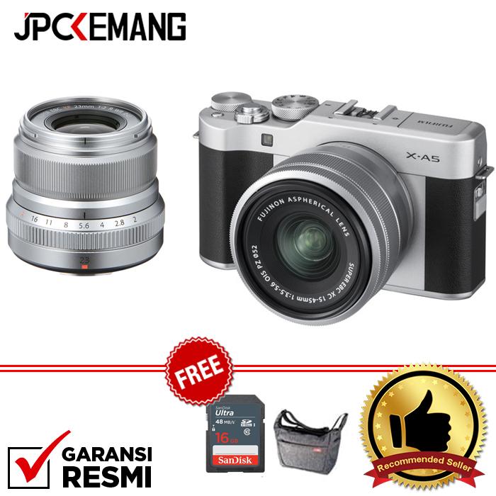 Fujifilm X-A5 / XA5 Kit 15-45mm + XF 23mm f/2 Silver Free Instax Share SP2+Leather Case+Sirui Sling Bag+SDHC Ultra 16GB jpckemang GARANSI RESMI