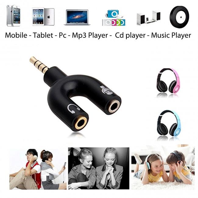 3.5mm Earphone Headphone Audio Splitter 1 Male to 2 Females Jacks Cord Music Sharing Device