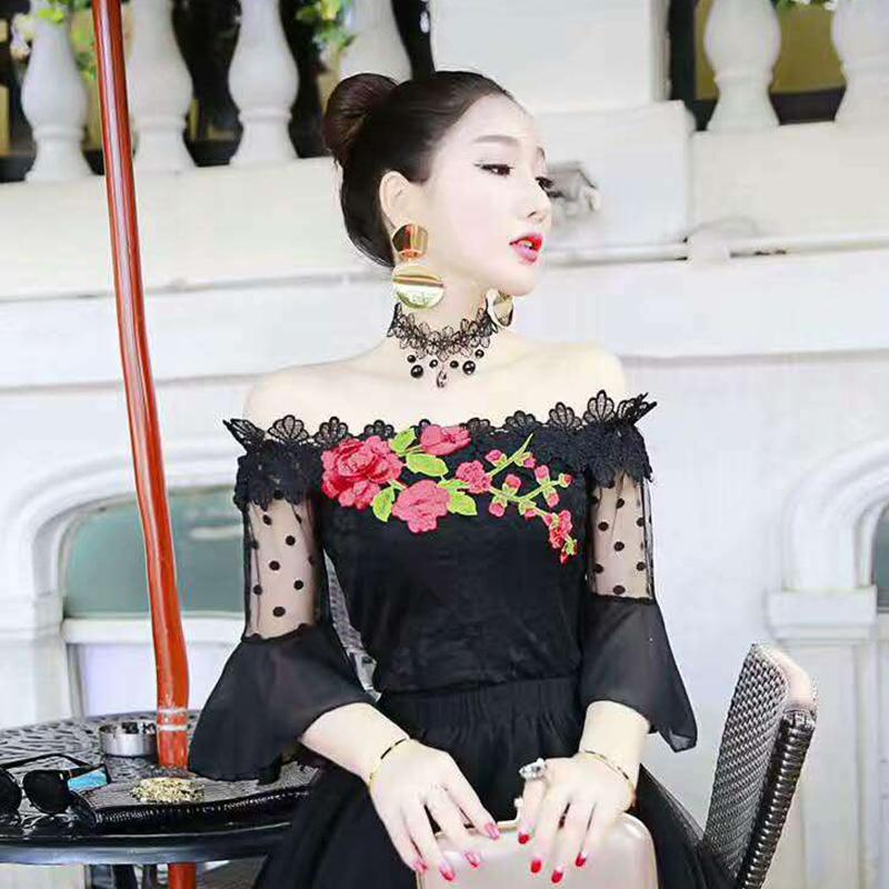 Pakaian Musim Panas Bordir HUADO Strapless Kerah Berbentuk Seperti Perahu Lengan Terompet Membentuk Tubuh Atasan Manis Putri Netral RESTONIC Baju Dalaman Wanita
