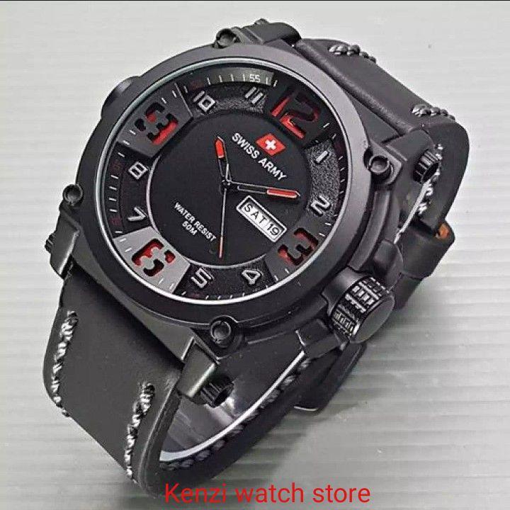Swiss Army Ekslusif Jam Tangan Pria Elegant Tali Kulit Tanggal Hari Aktif Body Stainless Steel Terbaru