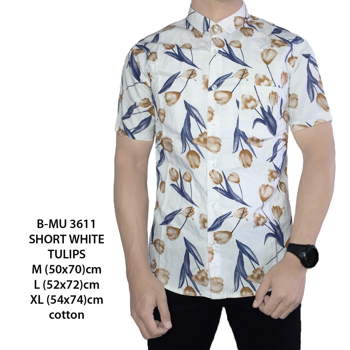 bajuku murah baju kemeja pria short white tulips best seller/ kemeja pria tangan pendek motif kembang bunga kerah lipat short slevees long sleeves kemeja distro kerja kantor casual formal atasan pria fashion pria kaos oblong superhero kemeja pantai
