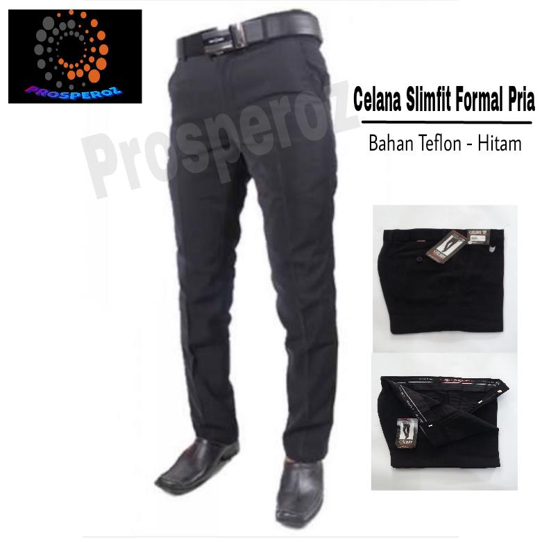 Prosperoz - Celana Panjang Pria - Celana Kerja Kantor - Celana Formal Bahan Kain - Bahan Twiss - Hitam - Slim Fit e