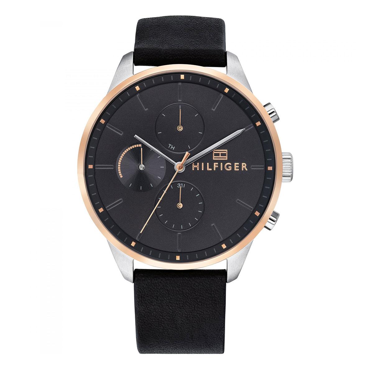 Tommy Hilfiger Tommy Hilfiger Chase Black Stainless-Steel Case Leather Strap Mens NWT + Warranty 1791488