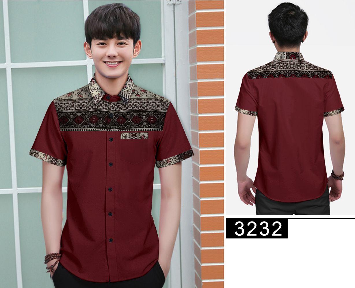 Algren Baju Hem Kemeja Batik Pria Nico lengan pendek - Maroon / Regular fit / Casual / Polos / Kerja / Kantor / Katun / Kem Tangan Pendek Cowo / Atasan Cowok / Pakaian Laki laki Dewasa