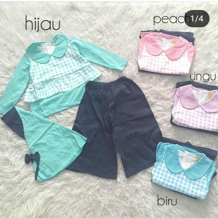 Setelan Kulot Denim Muslim Anak Perempuan 1 - 2 tahun dengan jilbab Stelan kulot panjang La Petite Baju Lebaran Anak Bayi Cewek Pakaian Muslim