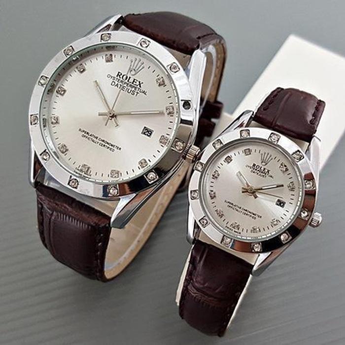 Jam Tangan Couple ROLEX Tali Kulit DATE **COKLAT TUA** # RX001 # JAM