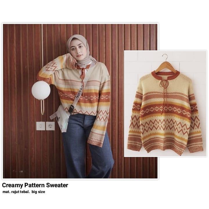 Creamy Pattern Sweater Rajut Wanita - Over Size