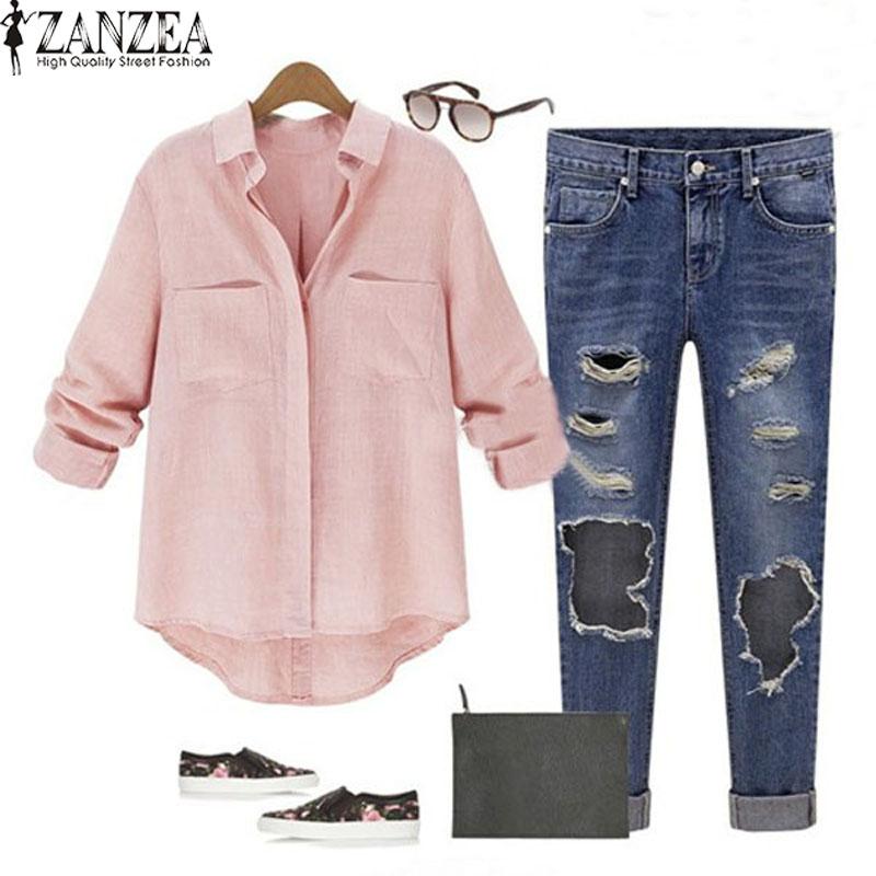 Zanzea Fashion Wanita Blouse Kemeja Kasual Baju Longgar Berlengan (Warna Merah Muda)