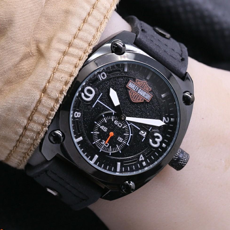 Jam Tangan Pria / Cowok Harley Davidson Detik Bawah Leather Black