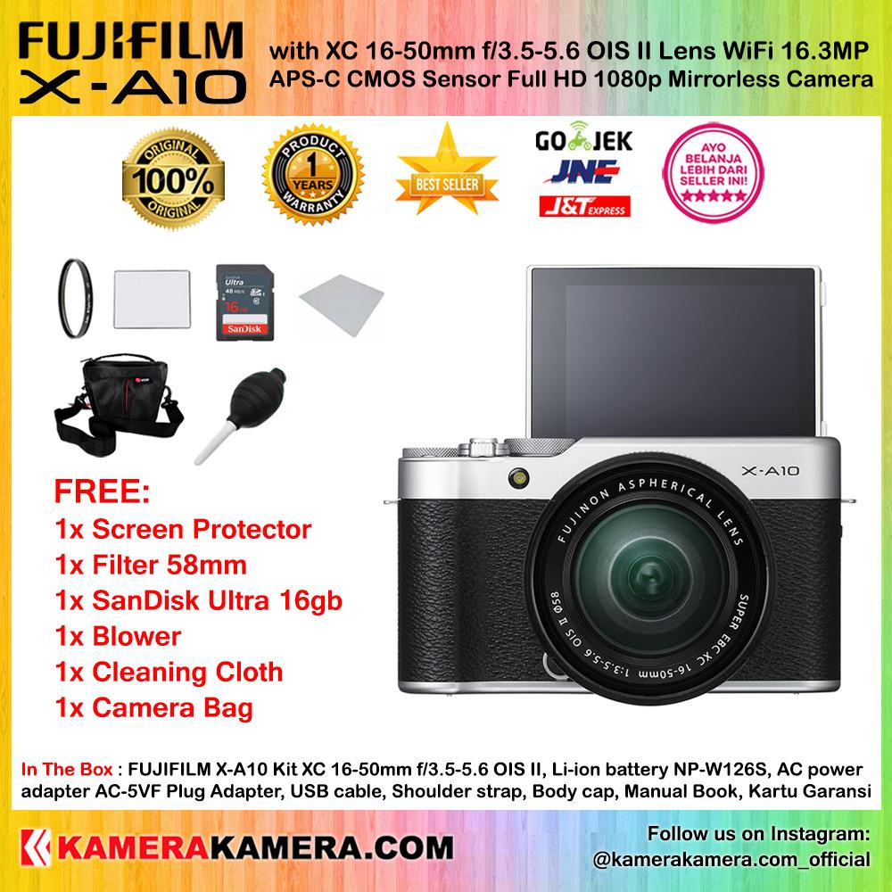 FUJIFILM X-A10 Kit XC 16-50mm OIS II SILVER WiFi 16MP (Garansi 1th) + Screen Guard + SanDisk Ultra 16gb + Filter 58mm + Air Blower + Cleaning Cloth + Camera Bag