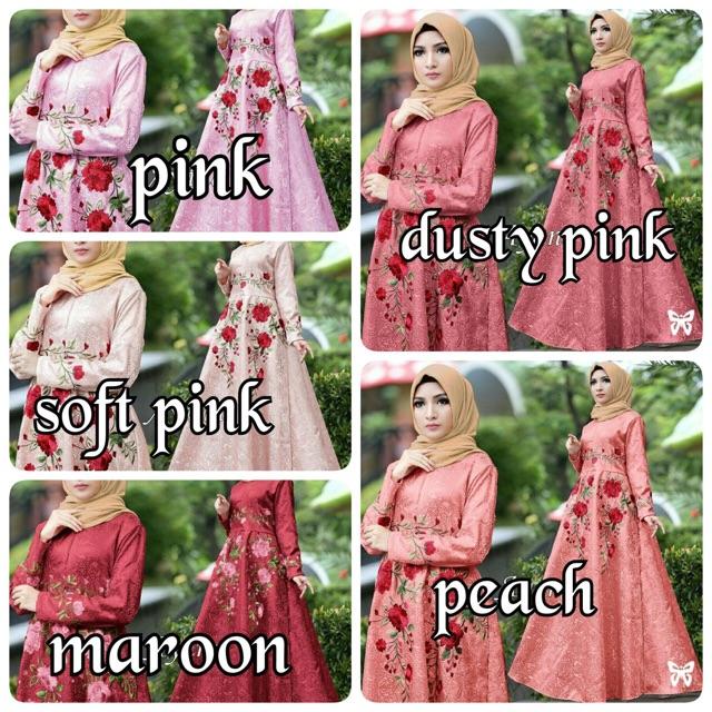 AYANA DRESS hijab syari maxi muslimah baju lebaran lotelli bordir embos GAMIS REMAJA ANAK (Red merah)