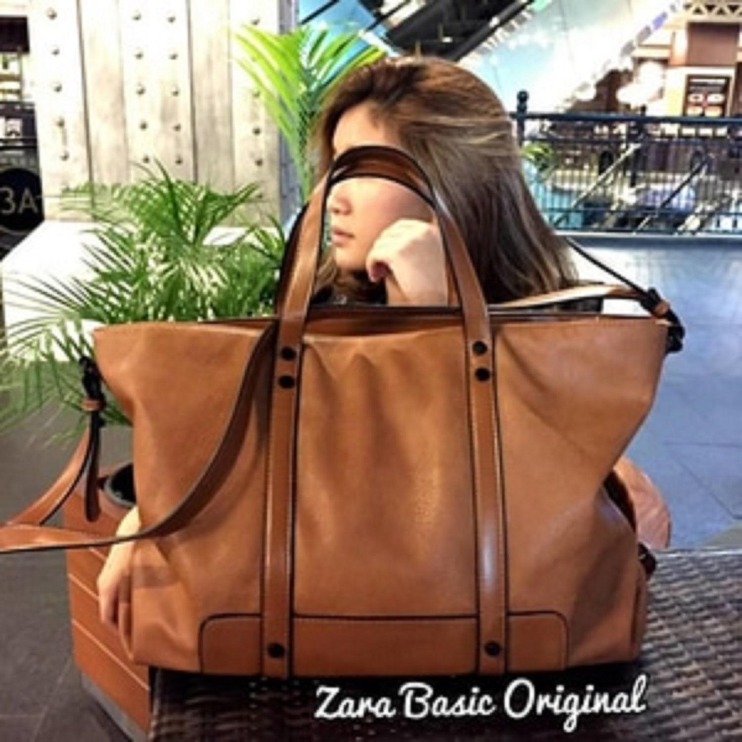 Tas wanita branded handbag cewek murah import, Zara basic original - Cokelat Tua
